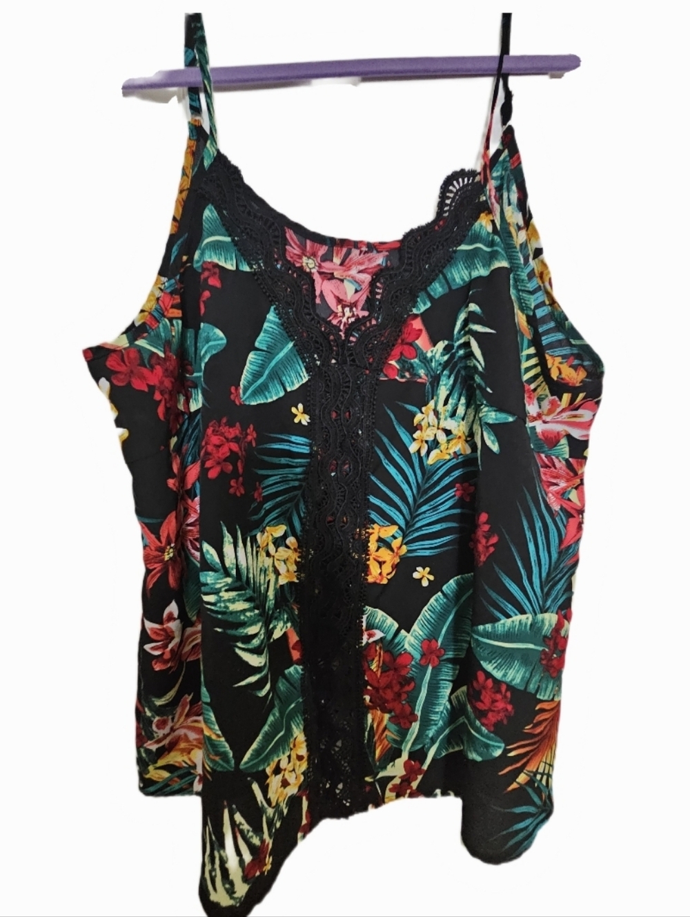 Tropical Floral Lace-Trim Cami Tank Top - Black